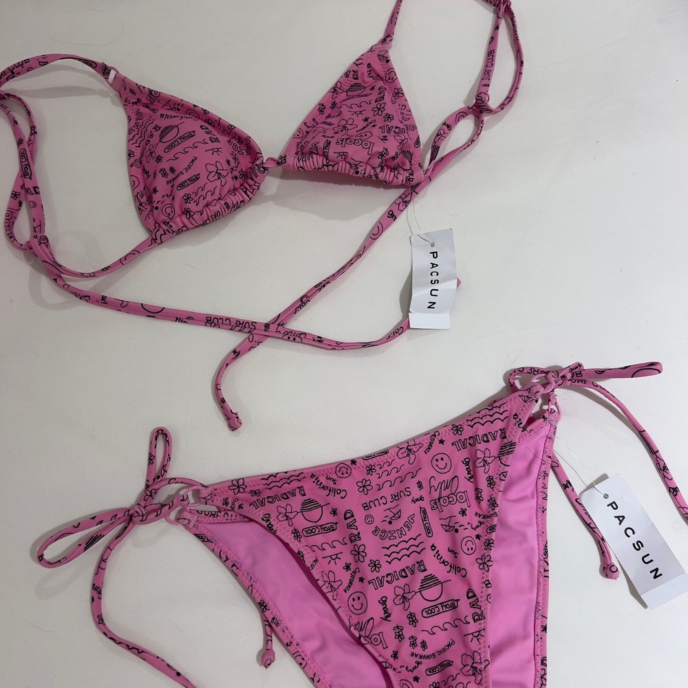 PacSun LA Hearts Pink Doodle Print Triangle‎ Bikini Set Small Top Medium Bottom